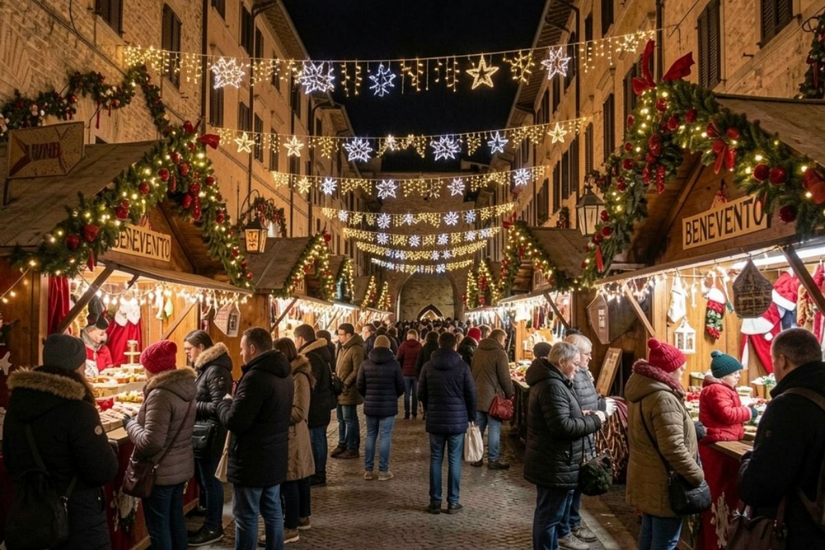 Mercatini di Natale a Benevento, con luci e decorazioni festive