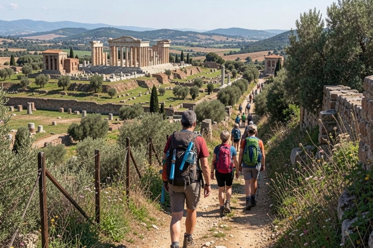 Escursionisti mentre percorrono un sentiero panoramico nei dintorni di Paestum