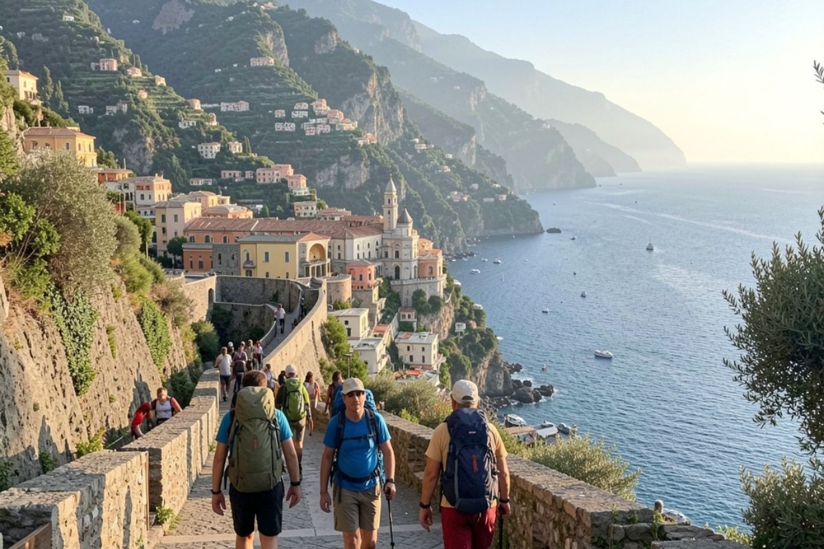 Escursionisti sul Sentiero degli Dei con vista sulla costiera amalfitana