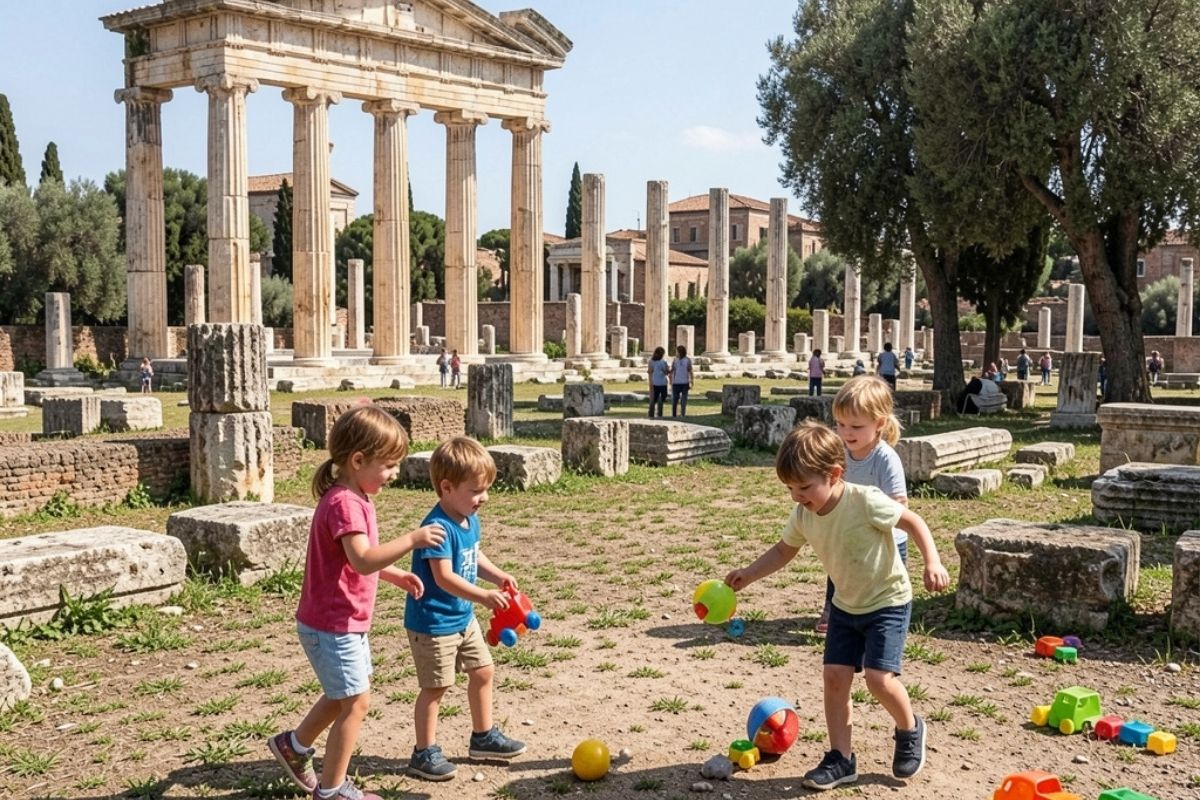 Bambini che giocano nel parco archeologico di Paestum