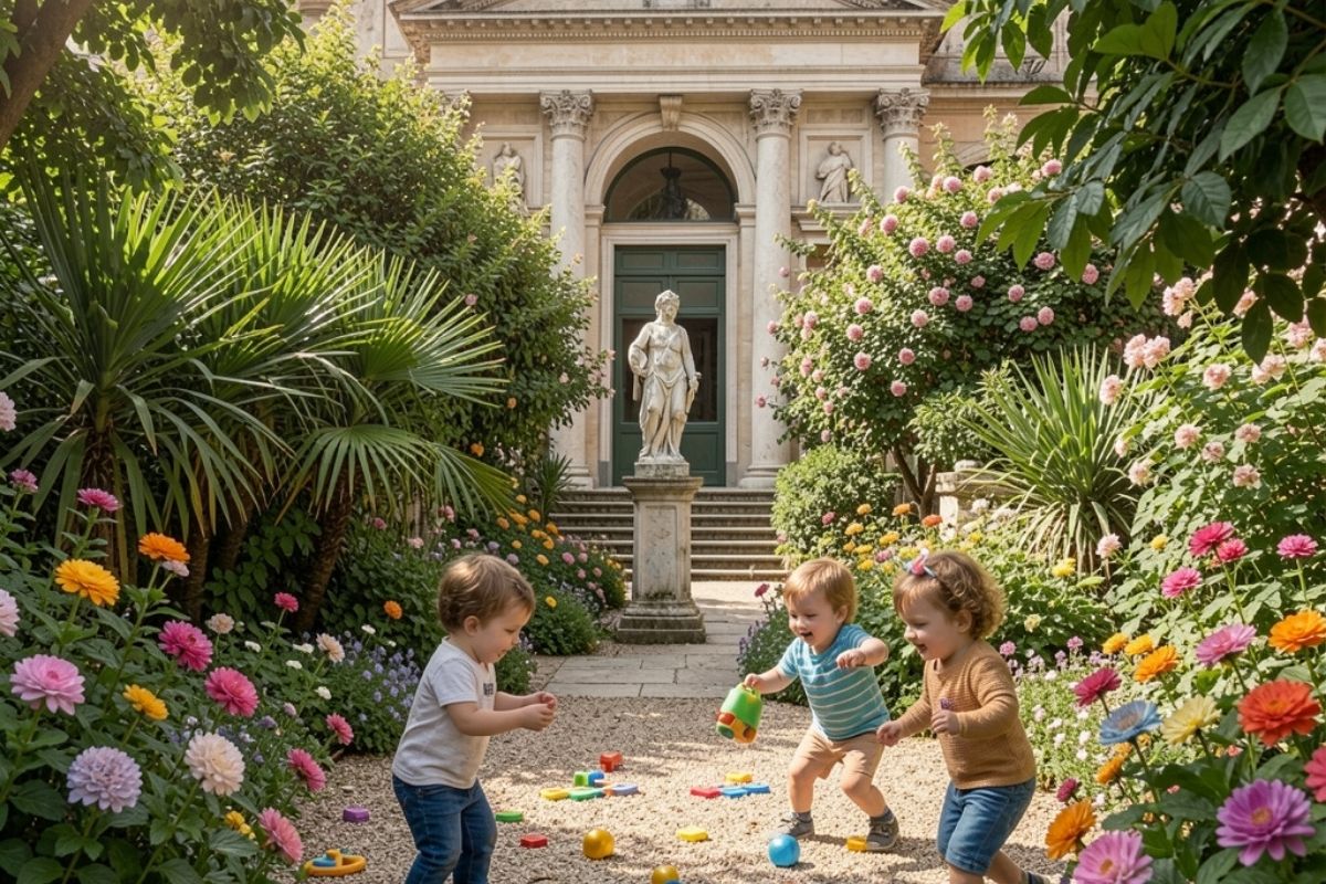 Bambini che giocano al Giardino della Minerva, circondati da piante e fiori