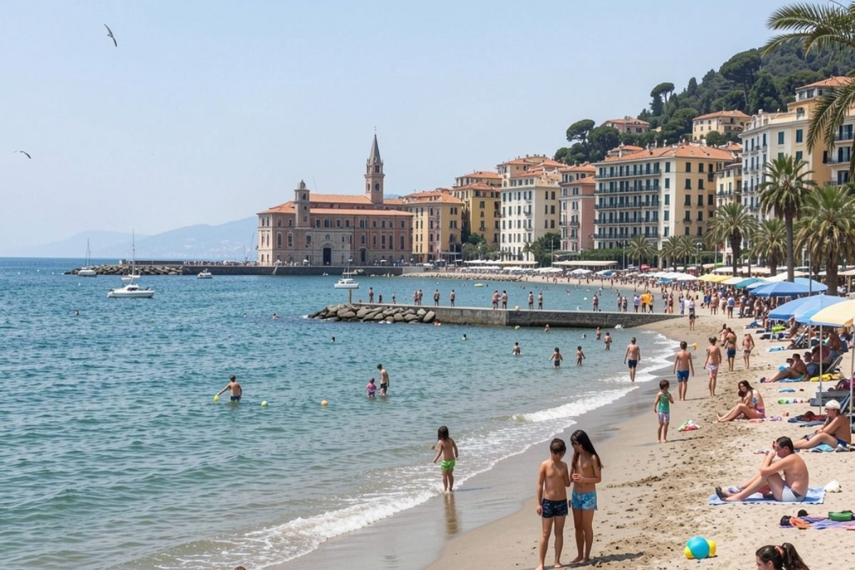 Vista del Lungomare Trieste a Salerno, con famiglie e bambini che giocano sulla spiaggia
