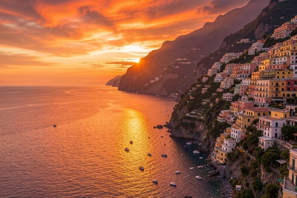 Panorama di Positano e Costiera Amalfitana al tramonto